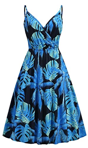 2023 Damen Floral Sommerkleider mit Taschen V-Ausschnitt Spaghetti-Träger A-Linien Sommer Freizeitkleid Blau XXL von Yageshark