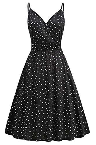 Damen Kleid Punktmuster Blumen Sommerkleider mit Taschen V-Ausschnitt Spaghetti Träger A-Linien Sommer beiläufiges Kleid M von Yageshark
