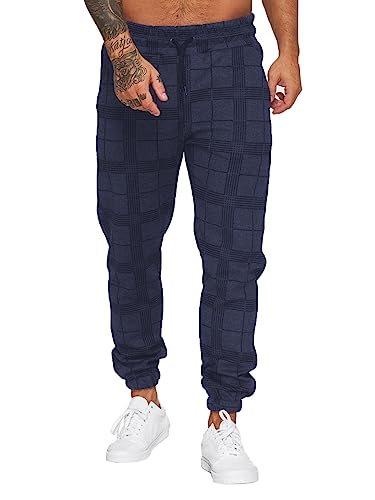 Jogginghose Herren Trainingshose Loose Fit Sporthose Lang Sweatpants Kariert Freizeithose für Männer(Navy blau,L) von Yageshark