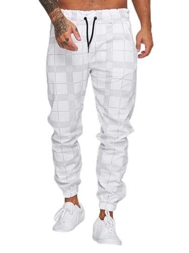 Jogginghose Herren Trainingshose Loose Fit Sporthose Lang Sweatpants Kariert Freizeithose für Männer(Weiß,L) von Yageshark