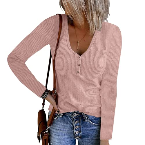 Langarmshirt Damen V Ausschnitt Casual Frühling/Sommer Gerippten Strickknöpfen Oberteile Einfarbige Top Damen Blusen Rosa L von Yageshark