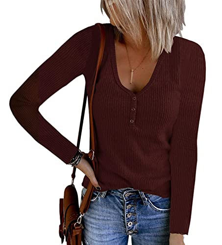 Langarmshirt Damen V Ausschnitt Casual Frühling/Sommer Gerippten Strickknöpfen Oberteile Einfarbige Top Damen Blusen Rot XL von Yageshark