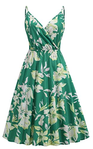 Yageshark 2023 Damen Grüne Blumen Sommerkleider mit Taschen V-Ausschnitt Spaghettibügel Sommer Freizeitkleid L von Yageshark