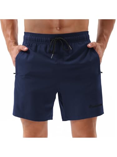 Yageshark Badehose Herren Schnelltrocknend Strandshorts mit Reißverschlusstasche Trainingsshorts Männer Atmungsaktiv Wasserabweisend Boardshorts Badeshort mit Mesh-Futter(Marine,XL) von Yageshark