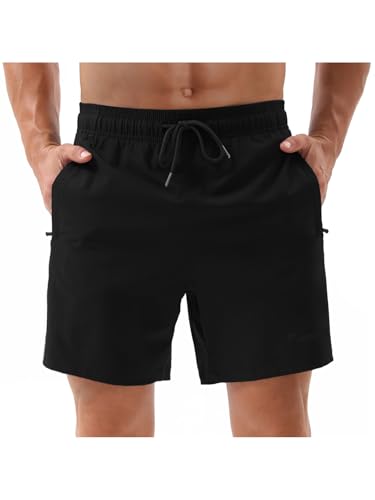 Yageshark Badehose Herren Schnelltrocknend Strandshorts mit Reißverschlusstasche Trainingsshorts Männer Atmungsaktiv Wasserabweisend Boardshorts Badeshort mit Mesh-Futter(Schwarz,M) von Yageshark