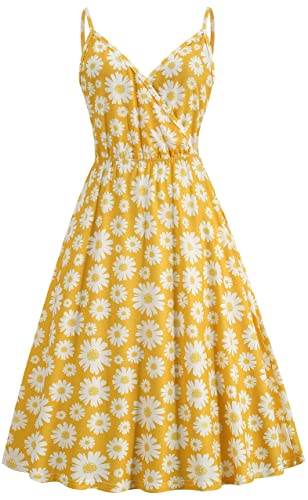 Yageshark Damen Sommer-Freizeitkleid mit V-Ausschnitt, Spaghetti-Trägerkleid mit Taschen, gelbes Sommerkleid mit Blumenmuster M von Yageshark