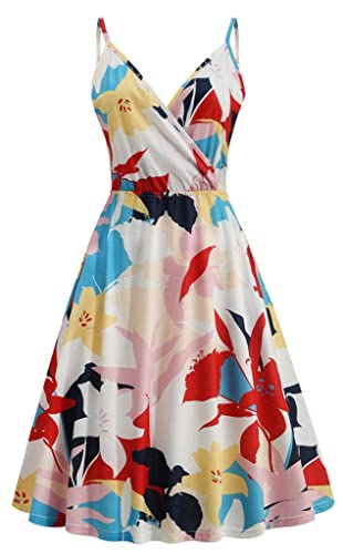 Yageshark Damen Sommerkleid mit Blumenmuster und Taschen, V-Ausschnitt, Spaghettiträger, Sommer-Freizeitkleid L von Yageshark