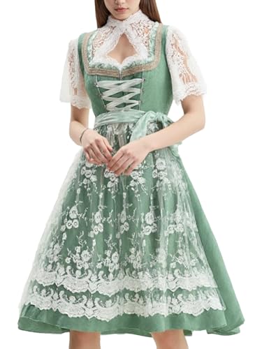 Yageshark Dirndl Damen Midi Trachtenkleid Dirndlkleid mit Bluse Dirndlschürze 3-teilig Grün für Oktoberfest Festliche Anlässe (Grün,42) von Yageshark
