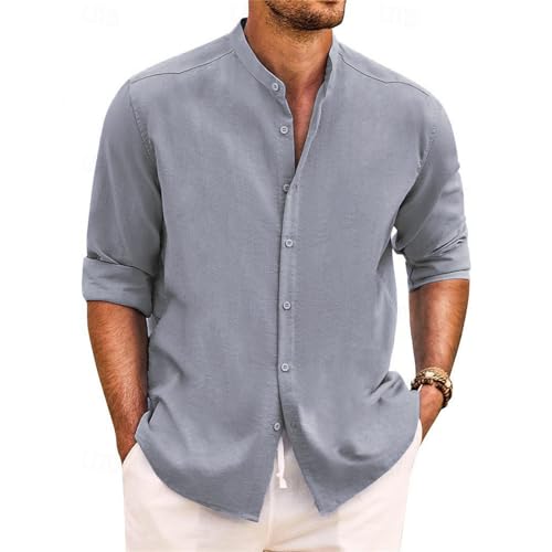 Yageshark Hemd Herren Leinenhemd Langarm Sommerhemd Button Down Stehkragen Hemden Freizeithemd Casual Regular Fit Strandhemd Leinen Shirt(Grau,XXL) von Yageshark