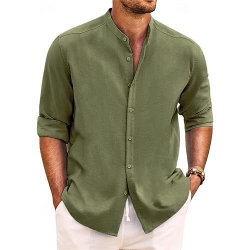 Yageshark Hemd Herren Leinenhemd Langarm Sommerhemd Button Down Stehkragen Hemden Freizeithemd Casual Regular Fit Strandhemd Leinen Shirt(Grün,L) von Yageshark