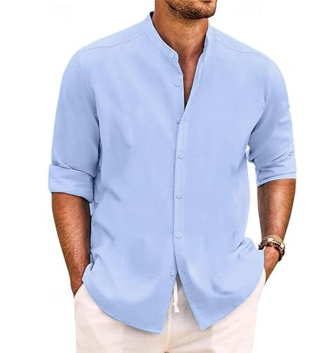 Yageshark Hemd Herren Leinenhemd Langarm Sommerhemd Button Down Stehkragen Hemden Freizeithemd Casual Regular Fit Strandhemd Leinen Shirt(Hellblau,M) von Yageshark