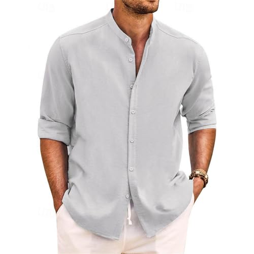 Yageshark Hemd Herren Leinenhemd Langarm Sommerhemd Button Down Stehkragen Hemden Freizeithemd Casual Regular Fit Strandhemd Leinen Shirt(Hellgrau,M) von Yageshark