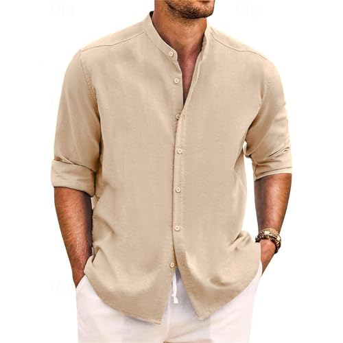 Yageshark Hemd Herren Leinenhemd Langarm Sommerhemd Button Down Stehkragen Hemden Freizeithemd Casual Regular Fit Strandhemd Leinen Shirt(Khaki,XL) von Yageshark