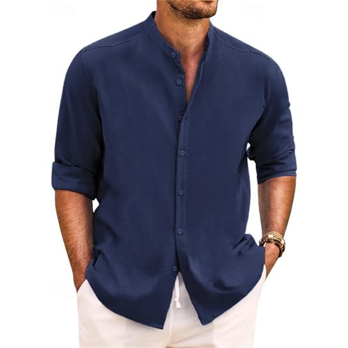 Yageshark Hemd Herren Leinenhemd Langarm Sommerhemd Button Down Stehkragen Hemden Freizeithemd Casual Regular Fit Strandhemd Leinen Shirt(Marine,M) von Yageshark