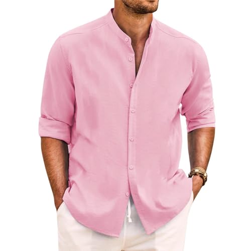 Yageshark Hemd Herren Leinenhemd Langarm Sommerhemd Button Down Stehkragen Hemden Freizeithemd Casual Regular Fit Strandhemd Leinen Shirt(Rosa,XXL) von Yageshark