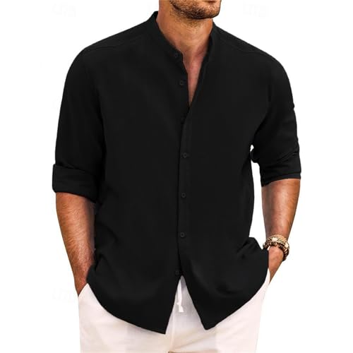 Yageshark Hemd Herren Leinenhemd Langarm Sommerhemd Button Down Stehkragen Hemden Freizeithemd Casual Regular Fit Strandhemd Leinen Shirt(Schwarz,S) von Yageshark