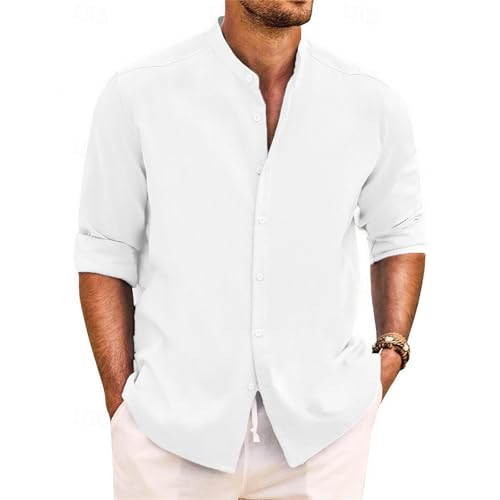 Yageshark Hemd Herren Leinenhemd Langarm Sommerhemd Button Down Stehkragen Hemden Freizeithemd Casual Regular Fit Strandhemd Leinen Shirt(Weiß,XL) von Yageshark