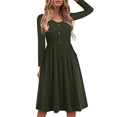 Yageshark Damen Midikleid Langarm Kleid Rundhals Einfarbig Kleider Knielang Knopf Freizeitkleid(Z-Grün,XX-Large) von Yageshark