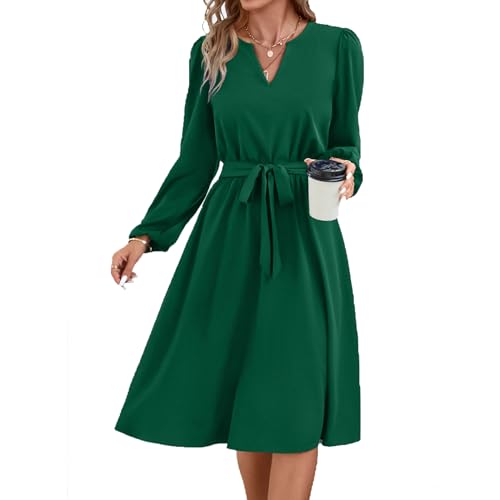 Yageshark Kleider für Damen Midikleid Langarm V-Ausschnitt Einfarbige Hemdkleid Elegant Casual Frauen Tunika Kleid (Grün,XL) von Yageshark