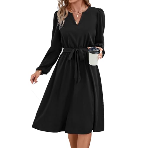 Yageshark Kleider für Damen Midikleid Langarm V-Ausschnitt Einfarbige Hemdkleid Elegant Casual Frauen Tunika Kleid (Schwarz,M) von Yageshark