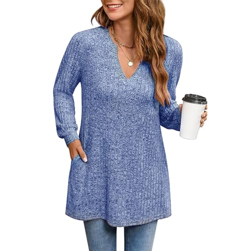Yageshark Pullover Damen Frühling Langarmshirt Leichtes V Ausschnitt Oberteile Longpullover Elegant Sweatshirt mit Tasche (Blau,M) von Yageshark