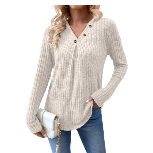 Yageshark Pullover Damen Herbst V-Ausschnitt Sweatshirt Oberteile Tunika Winter Strickpullover 2024 von Yageshark