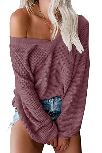 Yageshark Pullover Damen Schulterfrei Oversize V-Ausschnitt Basic Langarmshirt Casual Oberteile Elegant Herbst Winter von Yageshark