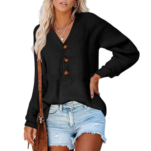 Yageshark Pullover Damen Strickpullover Elegant Knöpfe Langarm V-Ausschnitt Lose Grobstrickpullover Jumper Oberteile Pulli Tops (Schwarz,Large) von Yageshark