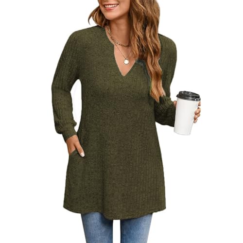 Yageshark Pullover Damen Frühling Langarmshirt Leichtes V Ausschnitt Oberteile Longpullover Elegant Sweatshirt mit Tasche (Grün,M) von Yageshark