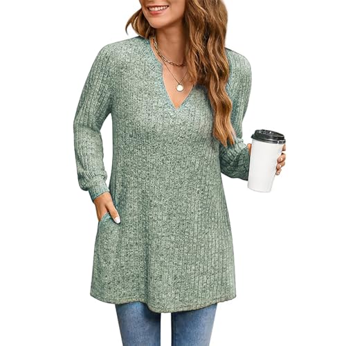 Yageshark Pullover Damen Frühling Langarmshirt Leichtes V Ausschnitt Oberteile Longpullover Elegant Sweatshirt mit Tasche (Hellgrün,XL) von Yageshark