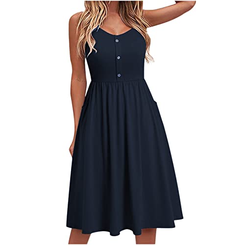 Yageshark Sommerkleid Damen Einfarbig Spaghetti Swing Strandkleid Knielang A-Linien Knopf Kleid Midikleid (Navy,Medium) von Yageshark