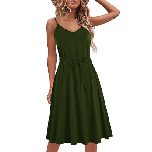 Yageshark Sommerkleid Damen Kleider Einfarbig Spaghetti Swing Knielang Strandkleid A-Linien Midikleid Kleid (Grün,XL) von Yageshark