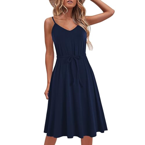 Yageshark Sommerkleid Damen Kleider Einfarbig Spaghetti Swing Knielang Strandkleid A-Linien Midikleid Kleid (Marine,XL) von Yageshark