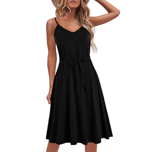 Yageshark Sommerkleid Damen Kleider Einfarbig Spaghetti Swing Knielang Strandkleid A-Linien Midikleid Kleid (Schwarz,S) von Yageshark