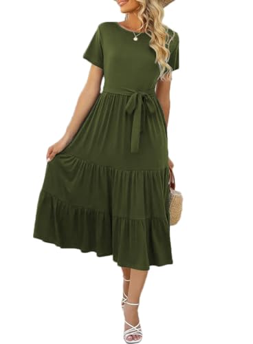 Yageshark Sommerkleid Damen Kurzarm Knielang Freizeitkleid Rundhals Shirtkleider Gestuftes Rüschen A-Linie Midikleider von Yageshark