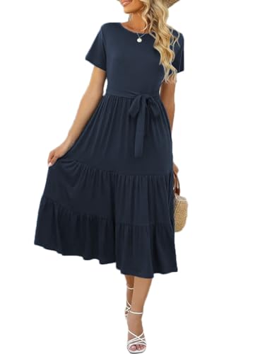 Yageshark Sommerkleid Damen Kurzarm Knielang Freizeitkleid Rundhals Shirtkleider Gestuftes Rüschen A-Linie Midikleider von Yageshark