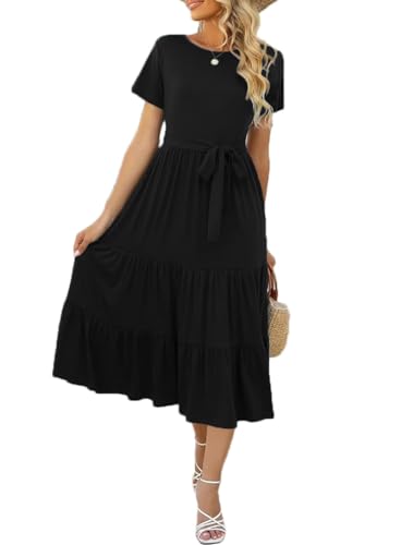 Yageshark Sommerkleid Damen Kurzarm Knielang Freizeitkleid Rundhals Shirtkleider Gestuftes Rüschen A-Linie Midikleider von Yageshark
