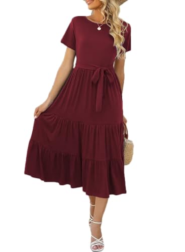 Yageshark Sommerkleid Damen Kurzarm Knielang Freizeitkleid Rundhals Shirtkleider Gestuftes Rüschen A-Linie Midikleider von Yageshark