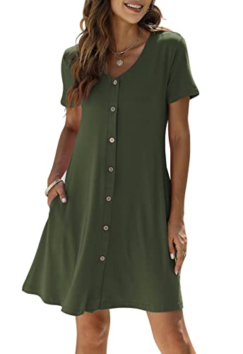 Yageshark Sommerkleid Damen Kurzarm V-Ausschnitt Einfarbig Knopfleiste Freizeitkleid Knielang A-Linien Midi Kleid mit Taschen(Grün,Large) von Yageshark