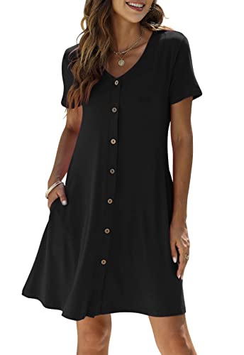 Yageshark Sommerkleid Damen Kurzarm V-Ausschnitt Einfarbig Knopfleiste Freizeitkleid Knielang A-Linien Midi Kleid mit Taschen(Schwarz,Small) von Yageshark