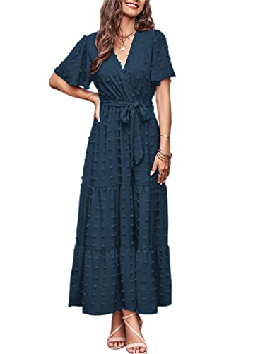 Yageshark Sommerkleid Damen Lang Boho Kurzarm mit Rüschen Wickel V Ausschnitt Strandkleid mit Gürtel Einfarbig Maxikleid 2023 von Yageshark