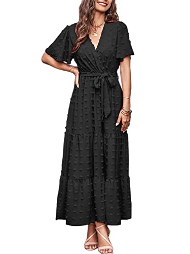 Yageshark Sommerkleid Damen Lang Boho Kurzarm mit Rüschen Wickel V Ausschnitt Strandkleid mit Gürtel Einfarbig Maxikleid 2023 von Yageshark