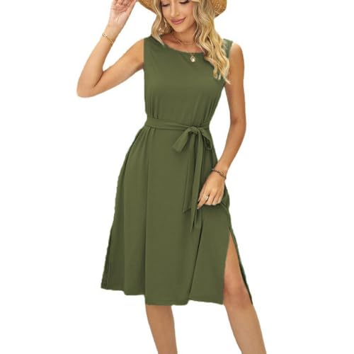 Yageshark Sommerkleid Damen Rundhals Tank Top Kleider Freizeitkleid Locker Ärmellos Einfarbig Midikleid Luftig mit Taschen (Grün,M) von Yageshark