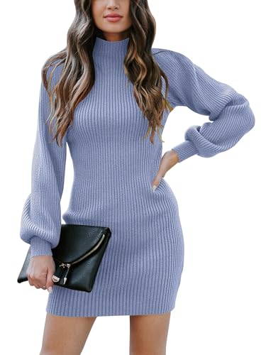 Yageshark Strickkleider Damen Pulloverkleid Minikleid Winterkleid Casual Hohe Elastizität Langarm Kleider Strick (Blau,XXL) von Yageshark