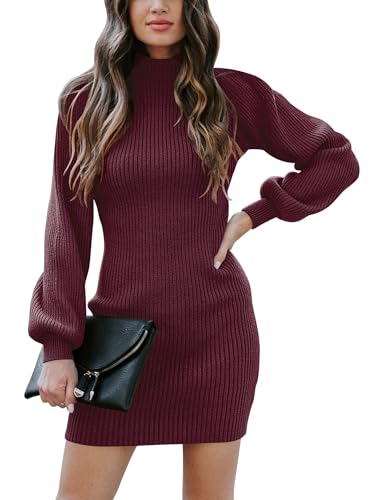 Yageshark Strickkleider Damen Pulloverkleid Minikleid Winterkleid Casual Hohe Elastizität Langarm Kleider Strick (Wine,XXL) von Yageshark