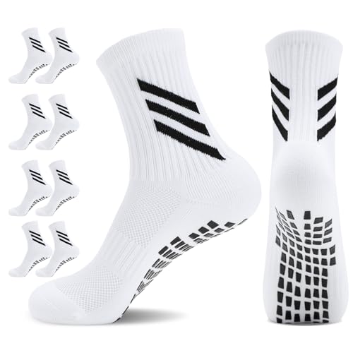 Yagurby 4 Paare Fußball Socken, 38–45 Fussball Socken für Herren Damen, Anti Rutsch Grip Socken Fußball, Sportsocken für Fussball Basketball Rugby Yoga Wandern Laufen (Nylon, Weiß) von Yagurby