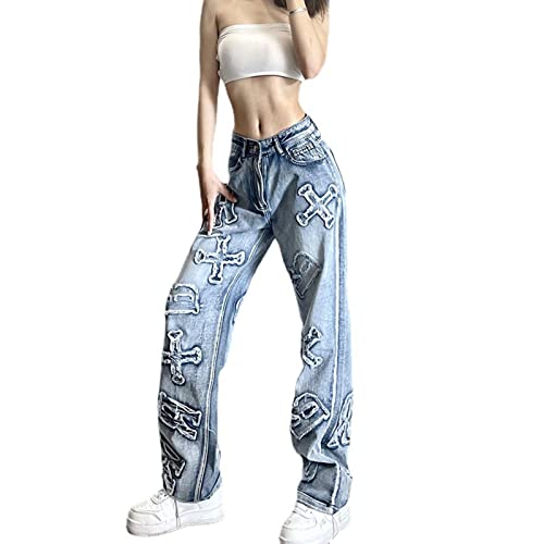 Yahbrra Baggy Jeans Damen Jeans Hose mit Hoher Taille Y2K Style Harajuku E Girl Streetwear Hose Casual Baggy Vintage Denim Hose Freizeit Loose Gerade Hosen Boyfriend Jeans Streetwear (Color : Blue, von Yahbrra