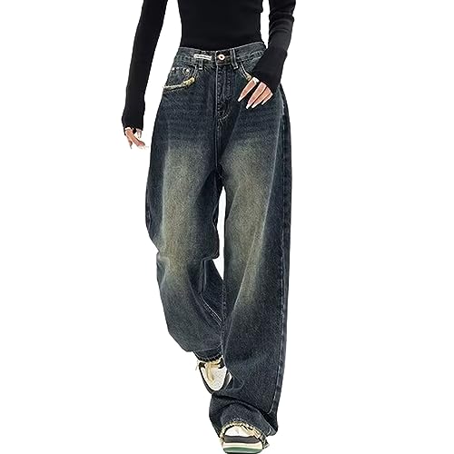 Yahbrra Baggy Jeans Damen Jeans Hose mit Hoher Taille Y2K Style Harajuku E Girl Streetwear Hose Casual Baggy Vintage Denim Hose Freizeit Loose Trendy Cargo Jeans Schlupfjeans (Color : Blue, Size : L von Yahbrra