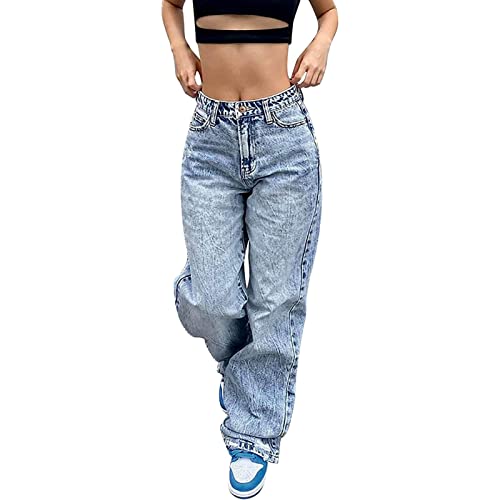 Yahbrra Damen Baggy Jeans Y2K Low Waist Vintage Hose mit Taschen Schlaghose Cargo Pants Fashion Cargohose Streetwear für Frauen Mädchen Low Waist Cargo Jeans Gerade Breites Bein Baggy (Color : Blue, von Yahbrra