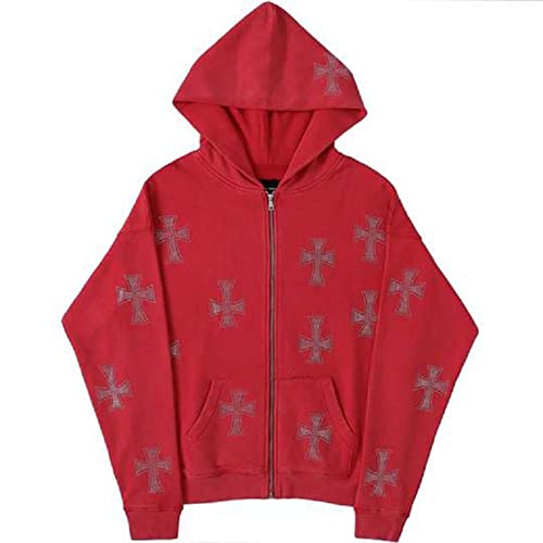 Yahbrra Damen Jacken Reißverschluss Hoodie Y2K Strass Kreuz Grafik Bedruckte Bequeme Loose Fit Sweatshirts Harajuku Gothic Straßenmode Vintage Kapuzenjacke Paare Unisex Herbst Frühling (Color : Red, von Yahbrra